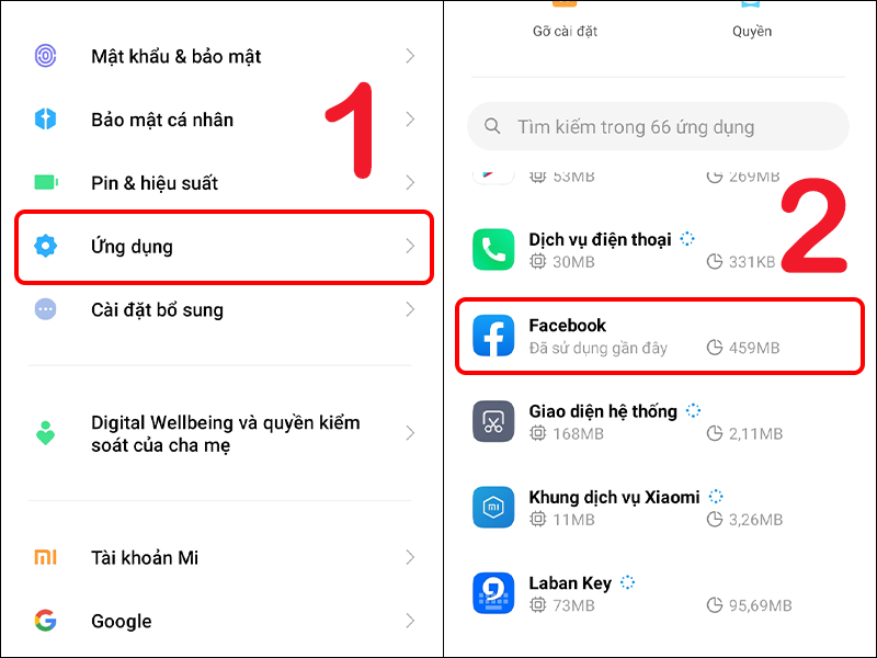 Chọn ứng dụng Facebook trong phần cài đặt